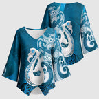 New Zealand Matariki Kimono Sleeve Blouse Maori Manaia Galaxy Silver Fern Blue Color