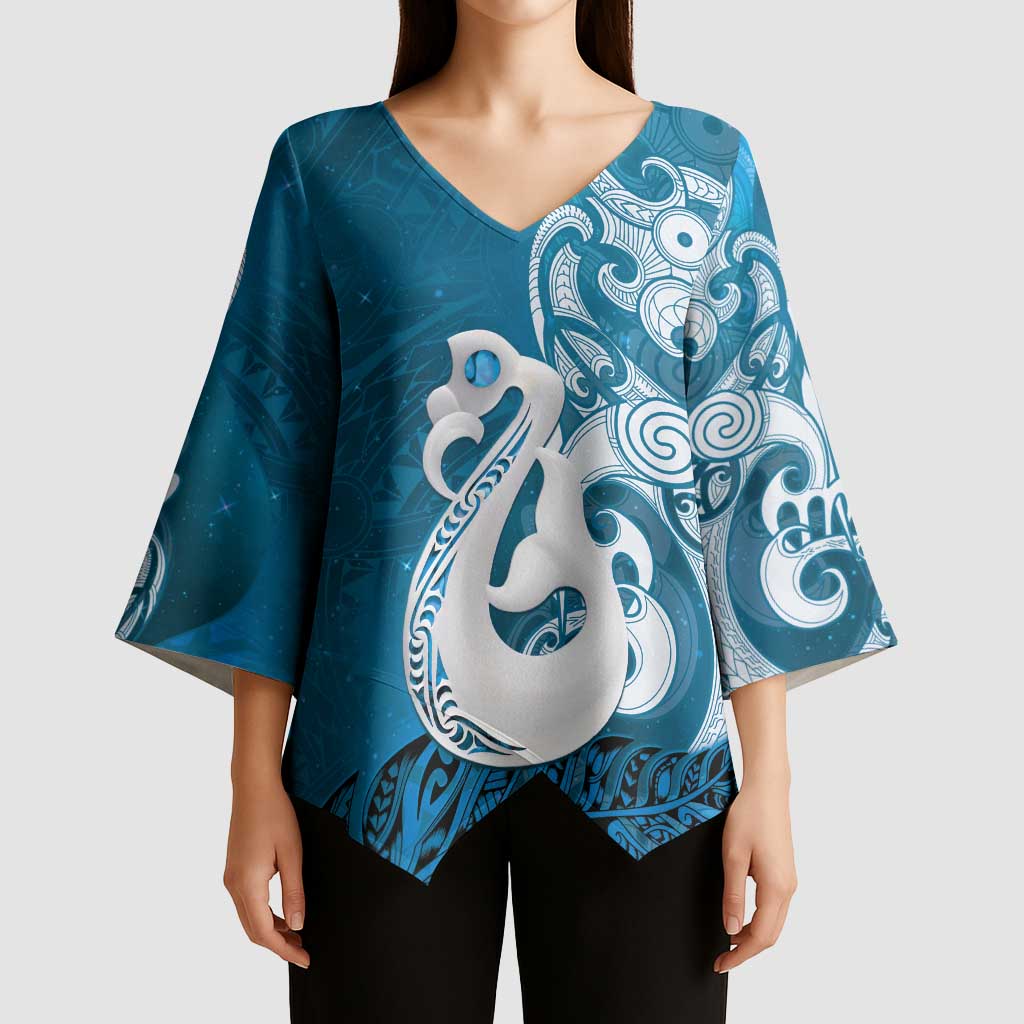 New Zealand Matariki Kimono Sleeve Blouse Maori Manaia Galaxy Silver Fern Blue Color