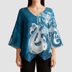 New Zealand Matariki Kimono Sleeve Blouse Maori Manaia Galaxy Silver Fern Blue Color