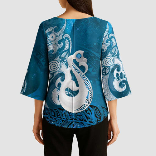 New Zealand Matariki Kimono Sleeve Blouse Maori Manaia Galaxy Silver Fern Blue Color