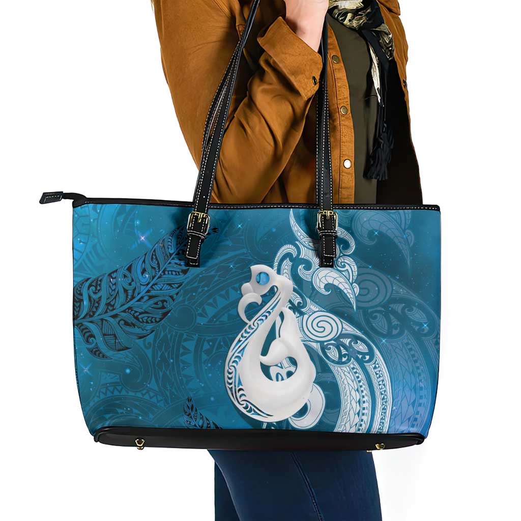 New Zealand Matariki Leather Tote Bag Maori Manaia Galaxy Silver Fern Blue Color