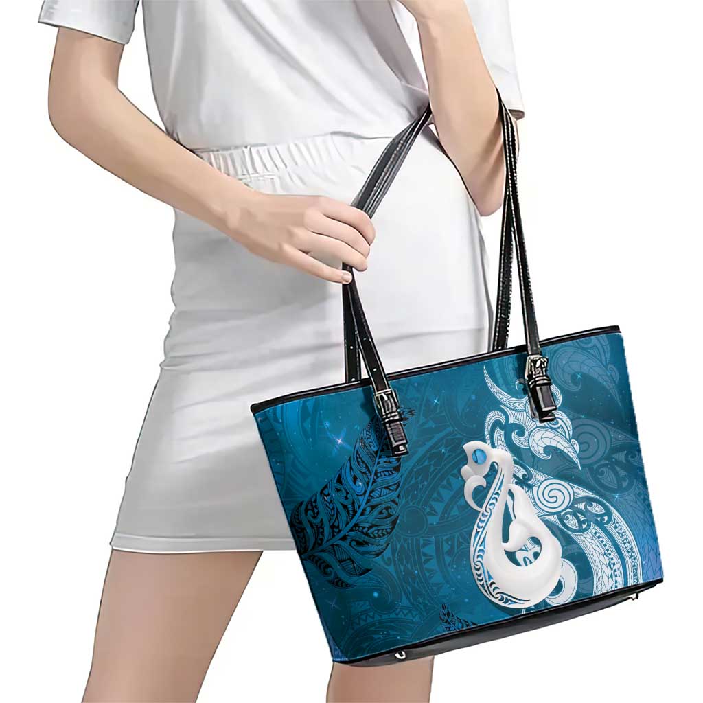 New Zealand Matariki Leather Tote Bag Maori Manaia Galaxy Silver Fern Blue Color