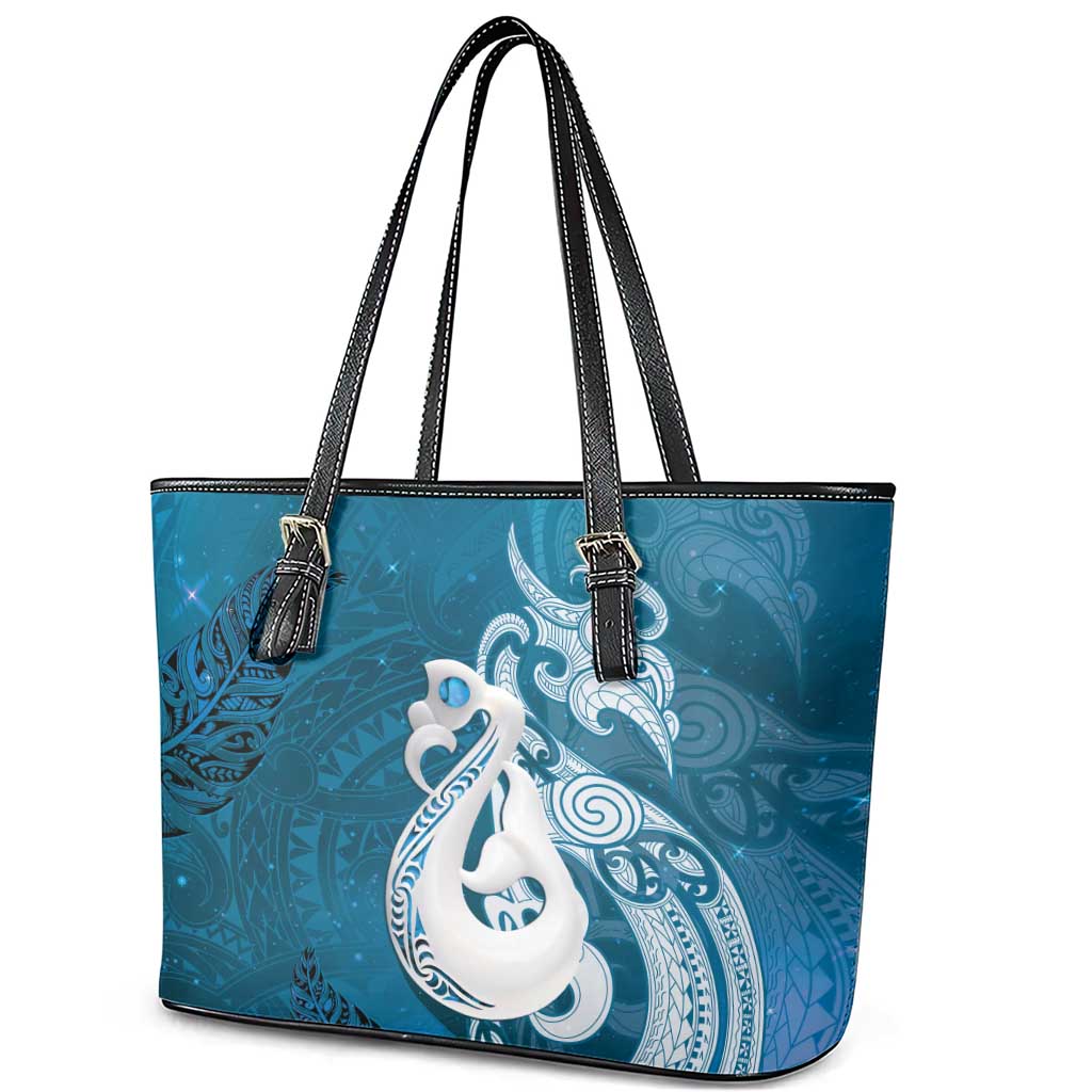 New Zealand Matariki Leather Tote Bag Maori Manaia Galaxy Silver Fern Blue Color