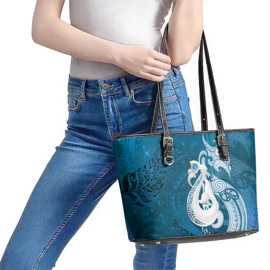 New Zealand Matariki Leather Tote Bag Maori Manaia Galaxy Silver Fern Blue Color