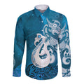 New Zealand Matariki Long Sleeve Button Shirt Maori Manaia Galaxy Silver Fern Blue Color