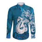 New Zealand Matariki Long Sleeve Button Shirt Maori Manaia Galaxy Silver Fern Blue Color