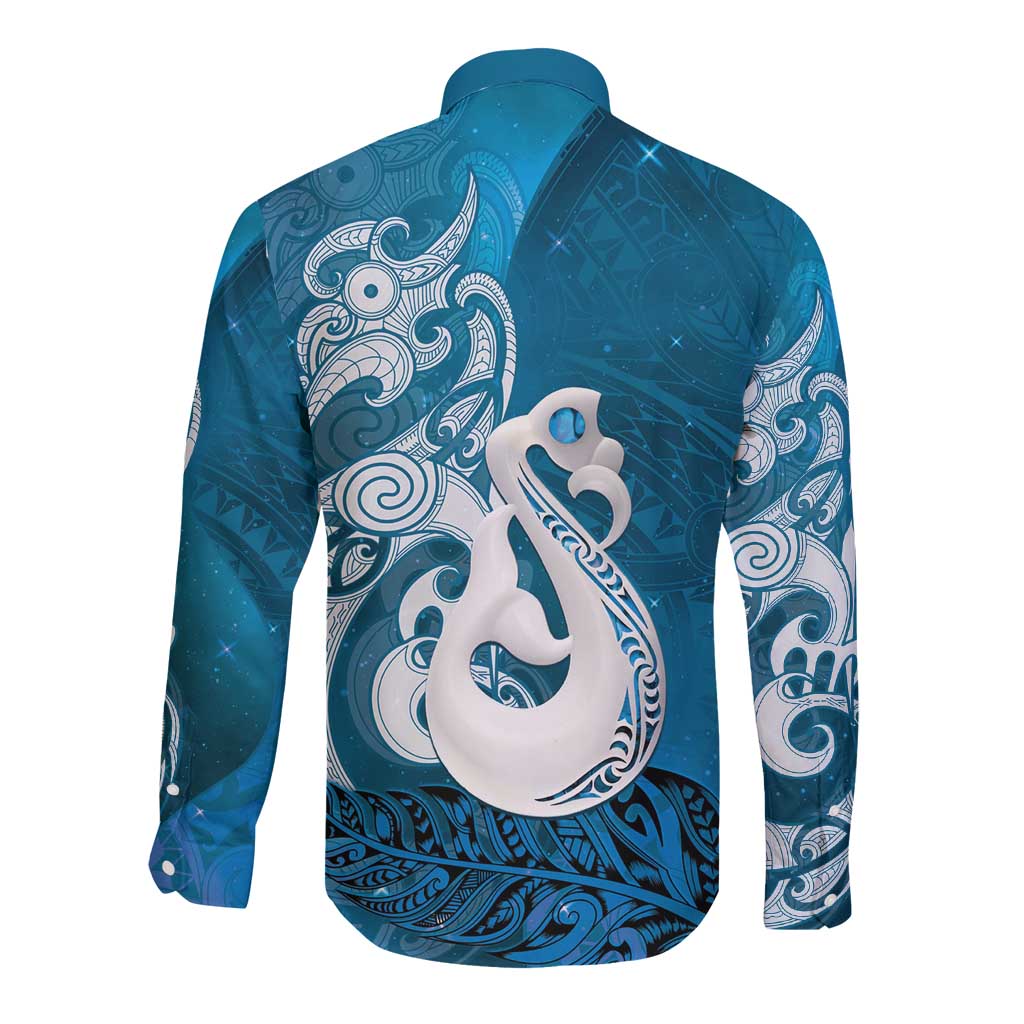 New Zealand Matariki Long Sleeve Button Shirt Maori Manaia Galaxy Silver Fern Blue Color