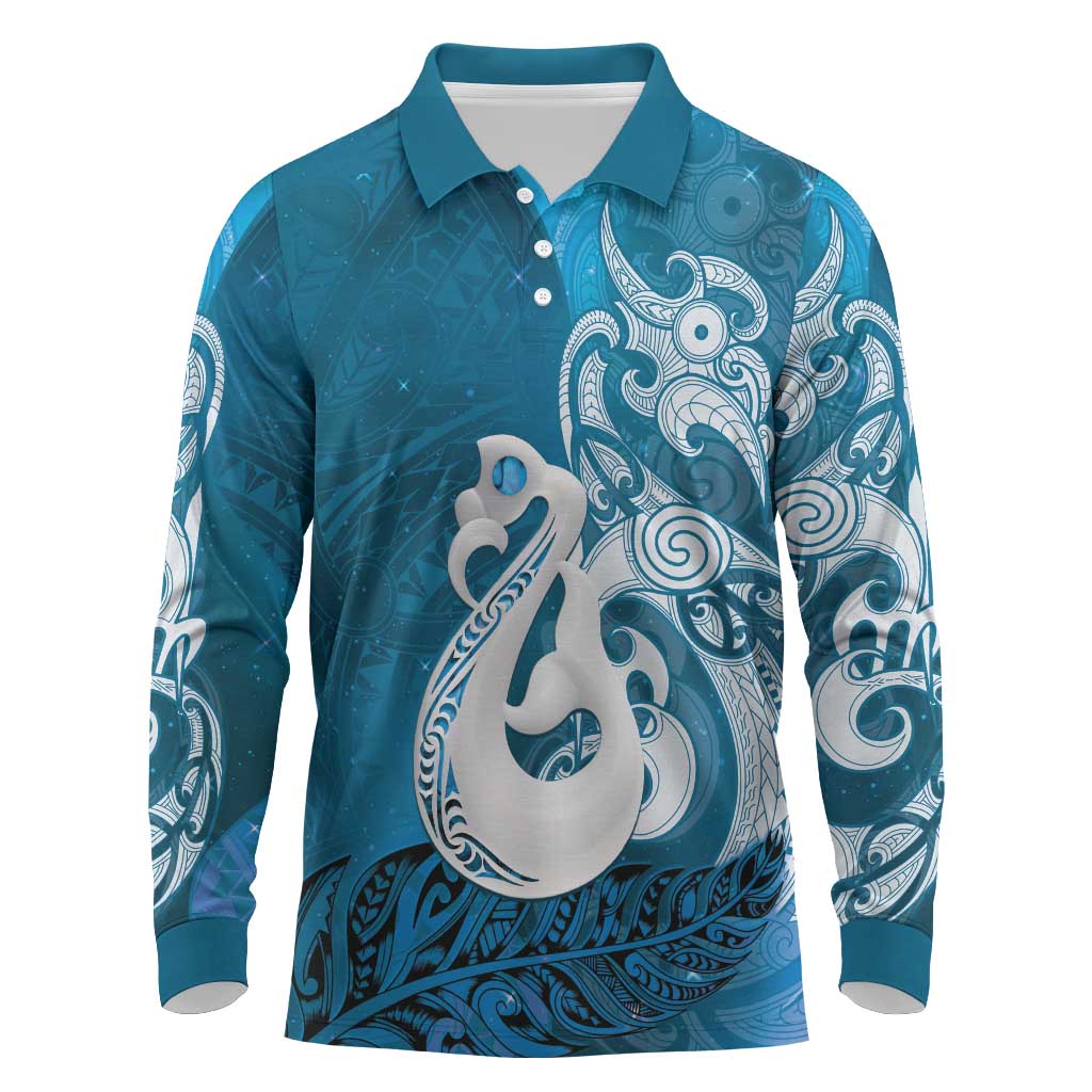 New Zealand Matariki Long Sleeve Polo Shirt Maori Manaia Galaxy Silver Fern Blue Color