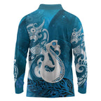 New Zealand Matariki Long Sleeve Polo Shirt Maori Manaia Galaxy Silver Fern Blue Color