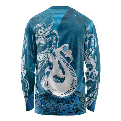 New Zealand Matariki Long Sleeve Shirt Maori Manaia Galaxy Silver Fern Blue Color