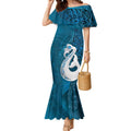 New Zealand Matariki Mermaid Dress Maori Manaia Galaxy Silver Fern Blue Color