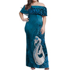 New Zealand Matariki Off Shoulder Maxi Dress Maori Manaia Galaxy Silver Fern Blue Color