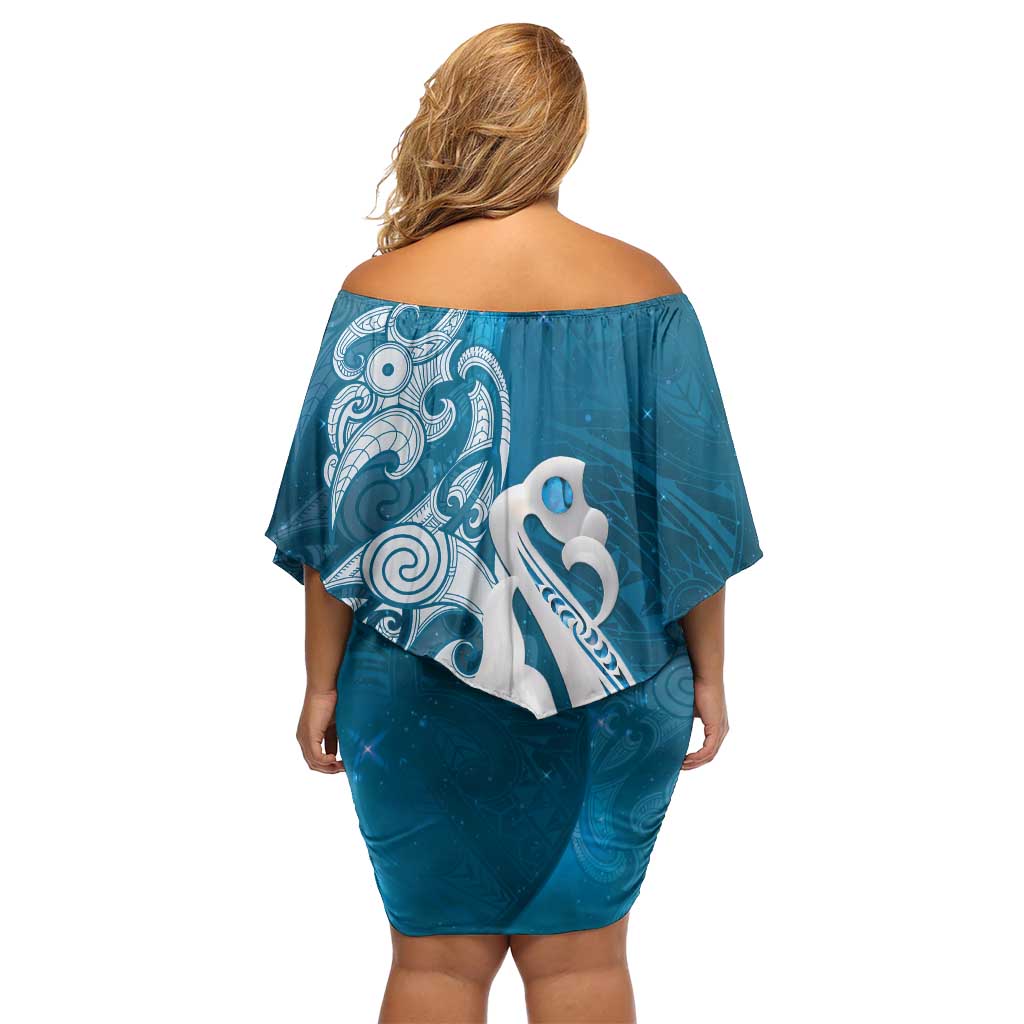 New Zealand Matariki Off Shoulder Short Dress Maori Manaia Galaxy Silver Fern Blue Color