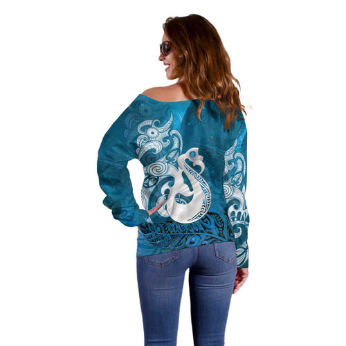 New Zealand Matariki Off Shoulder Sweater Maori Manaia Galaxy Silver Fern Blue Color