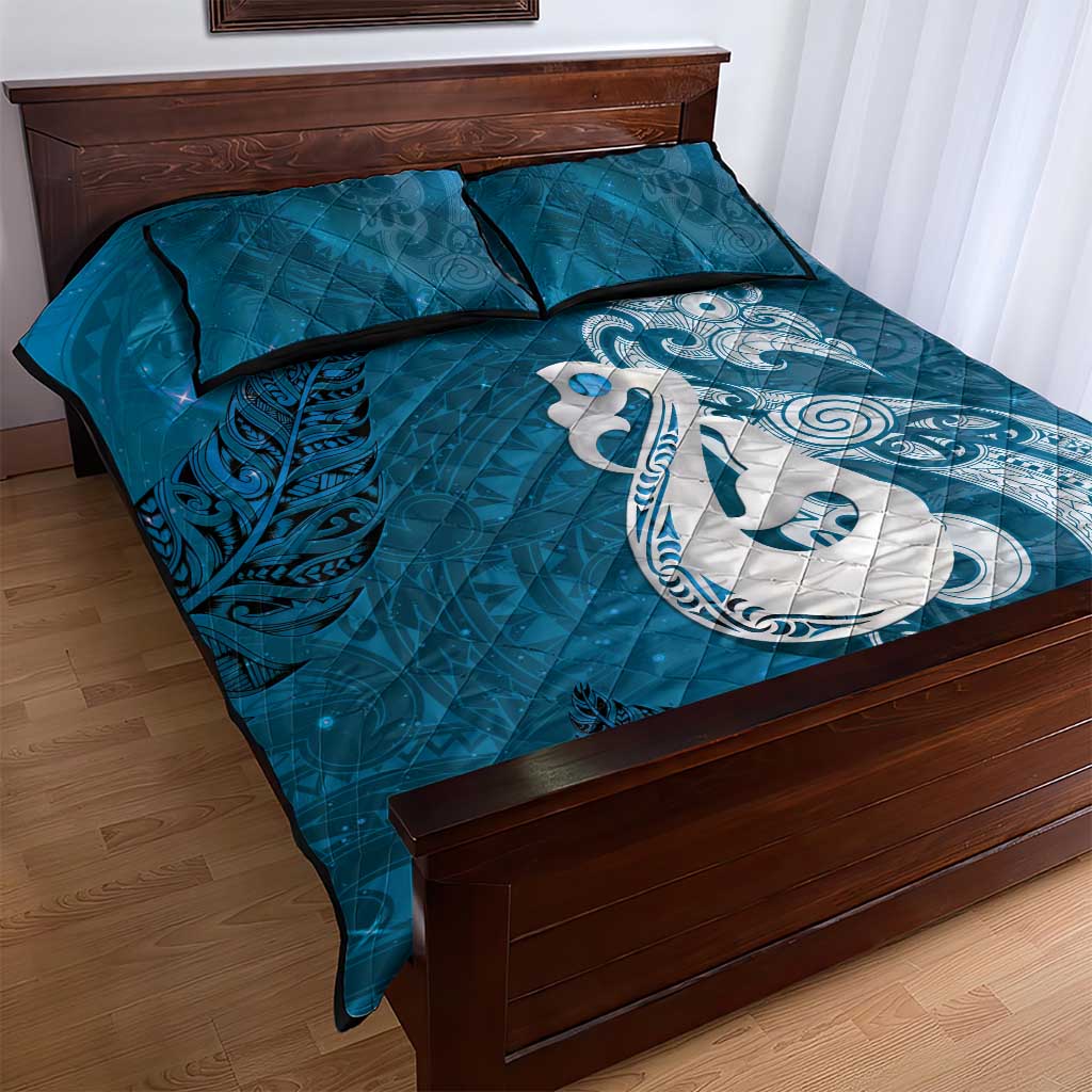 New Zealand Matariki Quilt Bed Set Maori Manaia Galaxy Silver Fern Blue Color