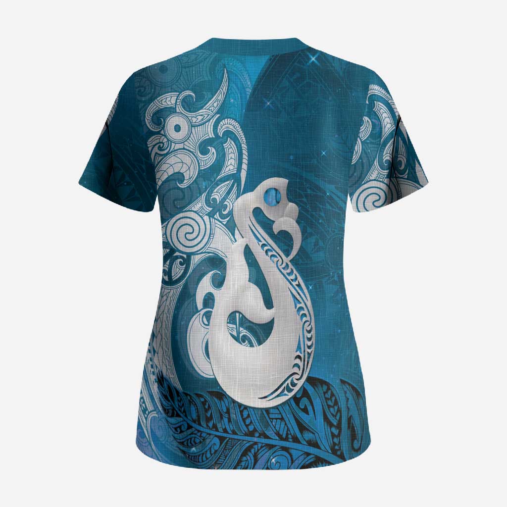 New Zealand Matariki Scrub Top Maori Manaia Galaxy Silver Fern Blue Color
