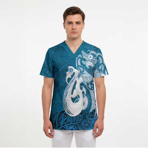 New Zealand Matariki Scrub Top Maori Manaia Galaxy Silver Fern Blue Color