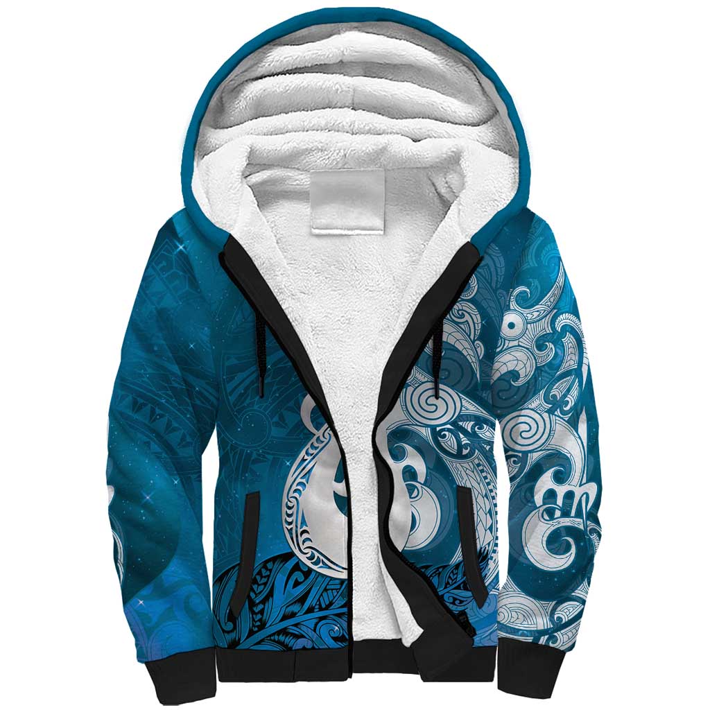 New Zealand Matariki Sherpa Hoodie Maori Manaia Galaxy Silver Fern Blue Color