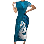 New Zealand Matariki Short Sleeve Bodycon Dress Maori Manaia Galaxy Silver Fern Blue Color
