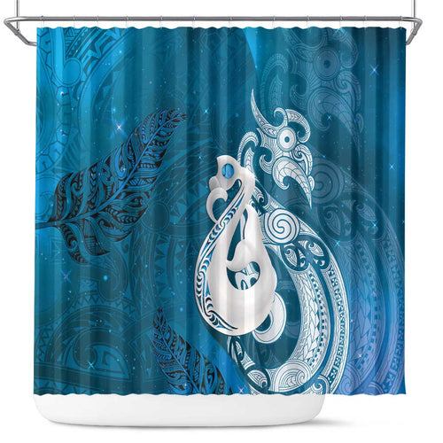 New Zealand Matariki Shower Curtain Maori Manaia Galaxy Silver Fern Blue Color