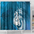 New Zealand Matariki Shower Curtain Maori Manaia Galaxy Silver Fern Blue Color