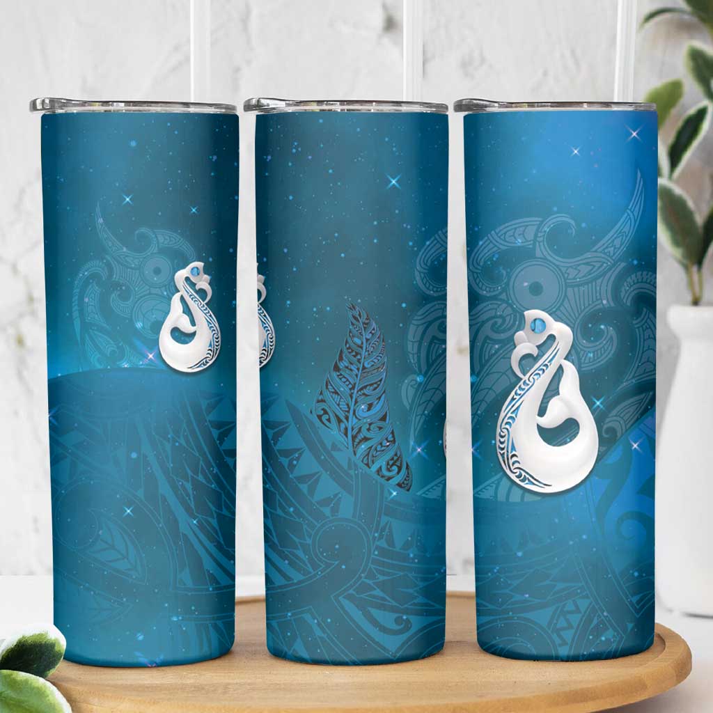 New Zealand Matariki Skinny Tumbler Maori Manaia Galaxy Silver Fern Blue Color
