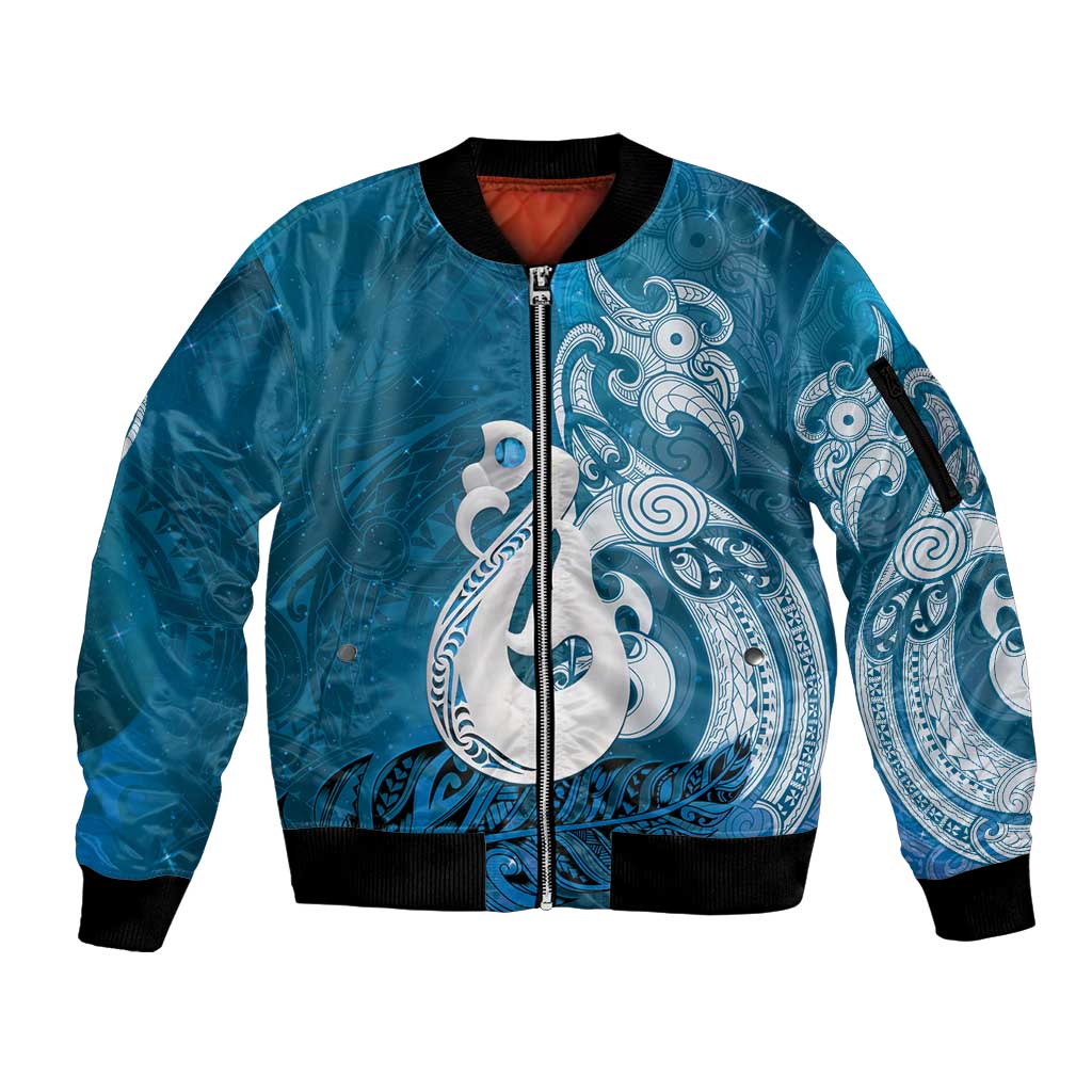 New Zealand Matariki Sleeve Zip Bomber Jacket Maori Manaia Galaxy Silver Fern Blue Color