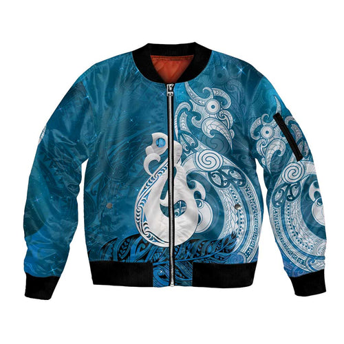 New Zealand Matariki Sleeve Zip Bomber Jacket Maori Manaia Galaxy Silver Fern Blue Color