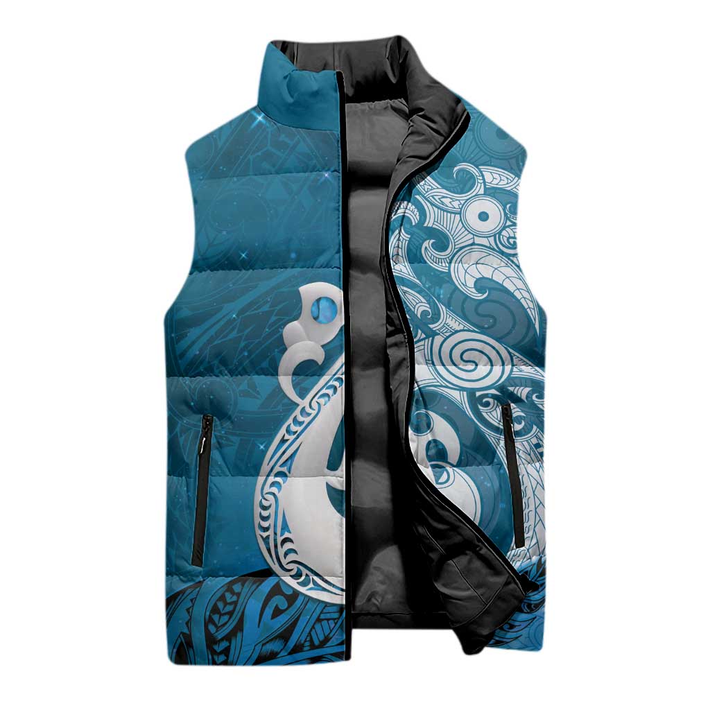 New Zealand Matariki Sleeveless Puffer Jacket Maori Manaia Galaxy Silver Fern Blue Color