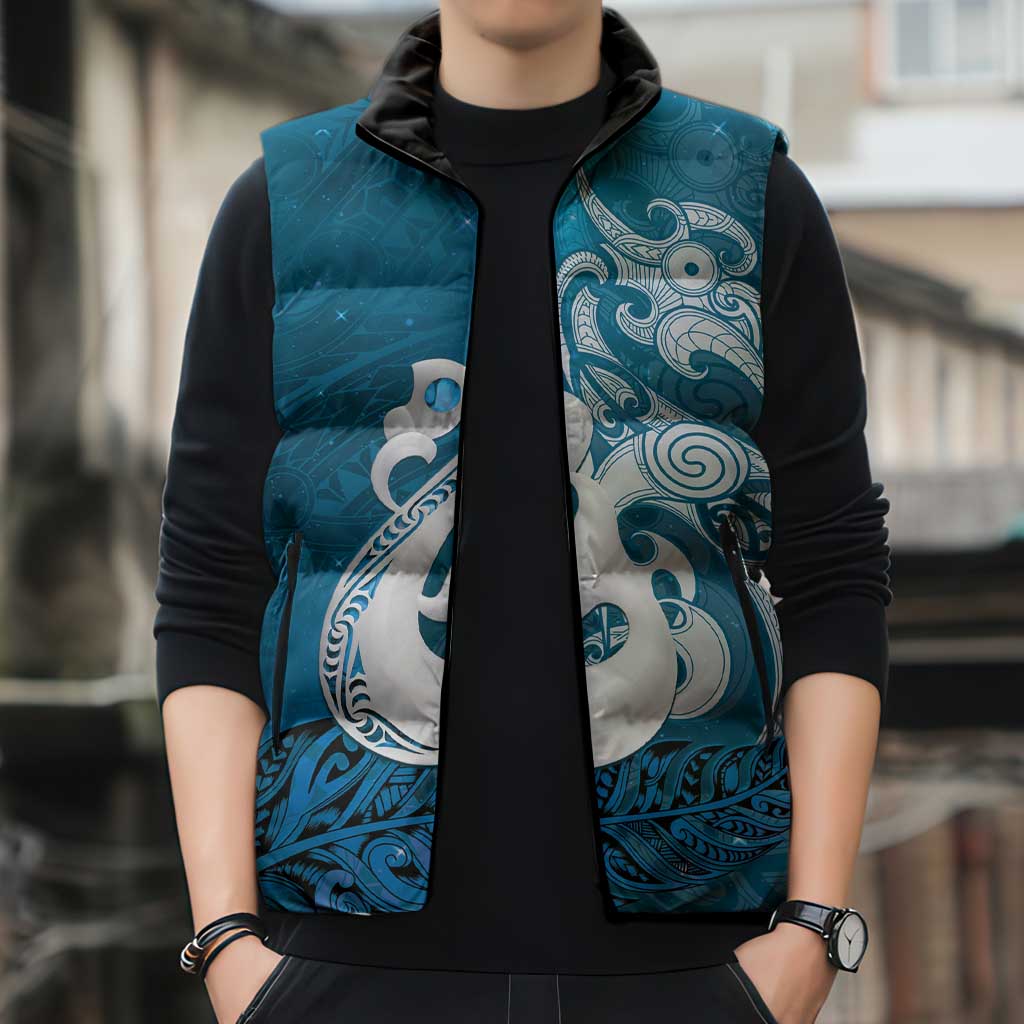 New Zealand Matariki Sleeveless Puffer Jacket Maori Manaia Galaxy Silver Fern Blue Color