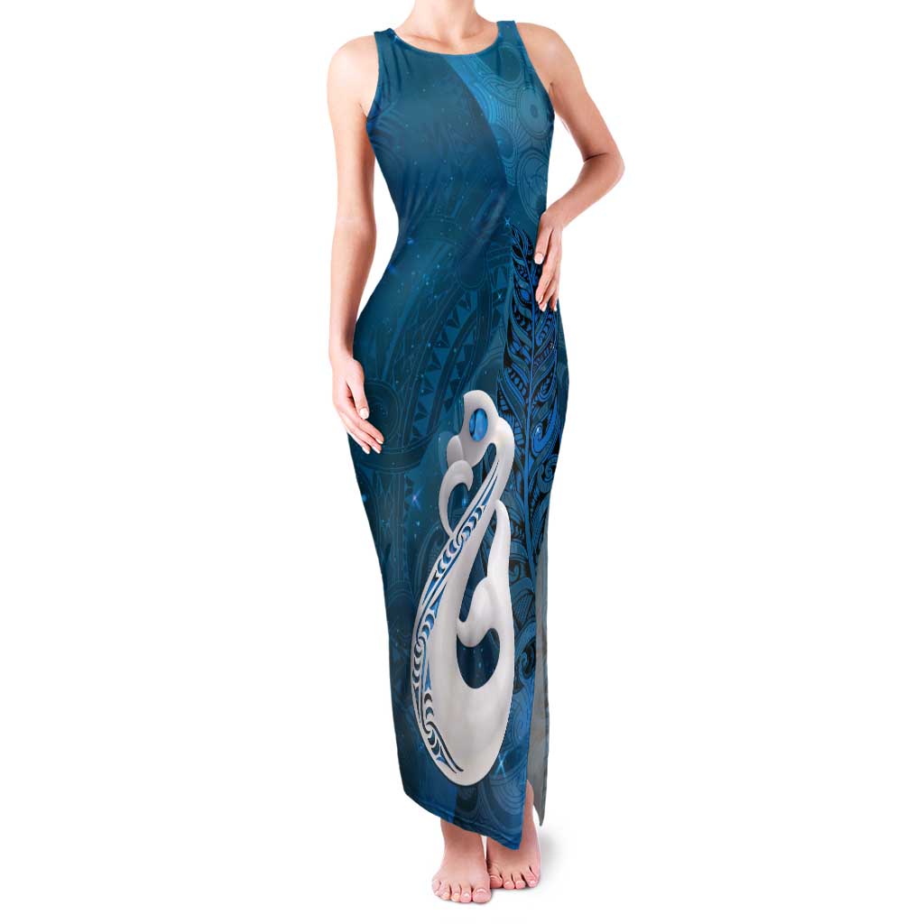 New Zealand Matariki Tank Maxi Dress Maori Manaia Galaxy Silver Fern Blue Color