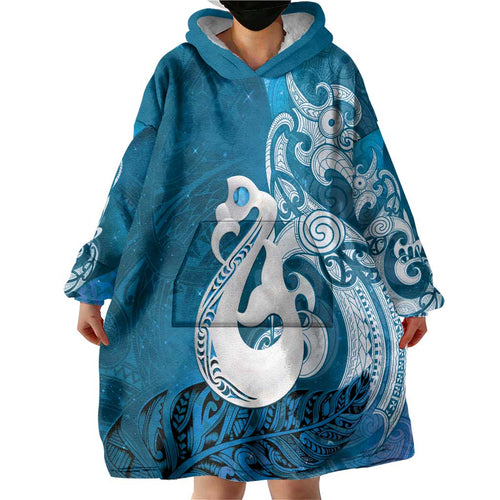 New Zealand Matariki Wearable Blanket Hoodie Maori Manaia Galaxy Silver Fern Blue Color