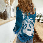 New Zealand Matariki Women Casual Shirt Maori Manaia Galaxy Silver Fern Blue Color