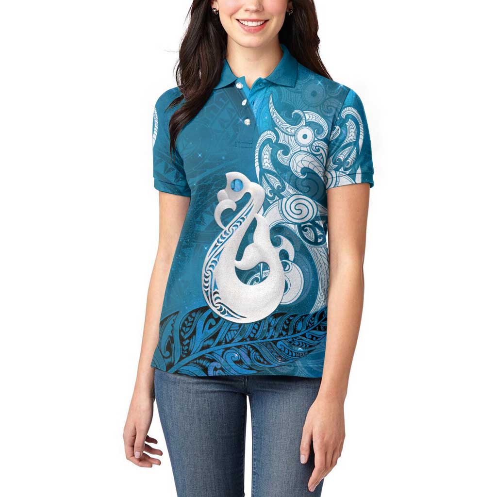 New Zealand Matariki Women Polo Shirt Maori Manaia Galaxy Silver Fern Blue Color