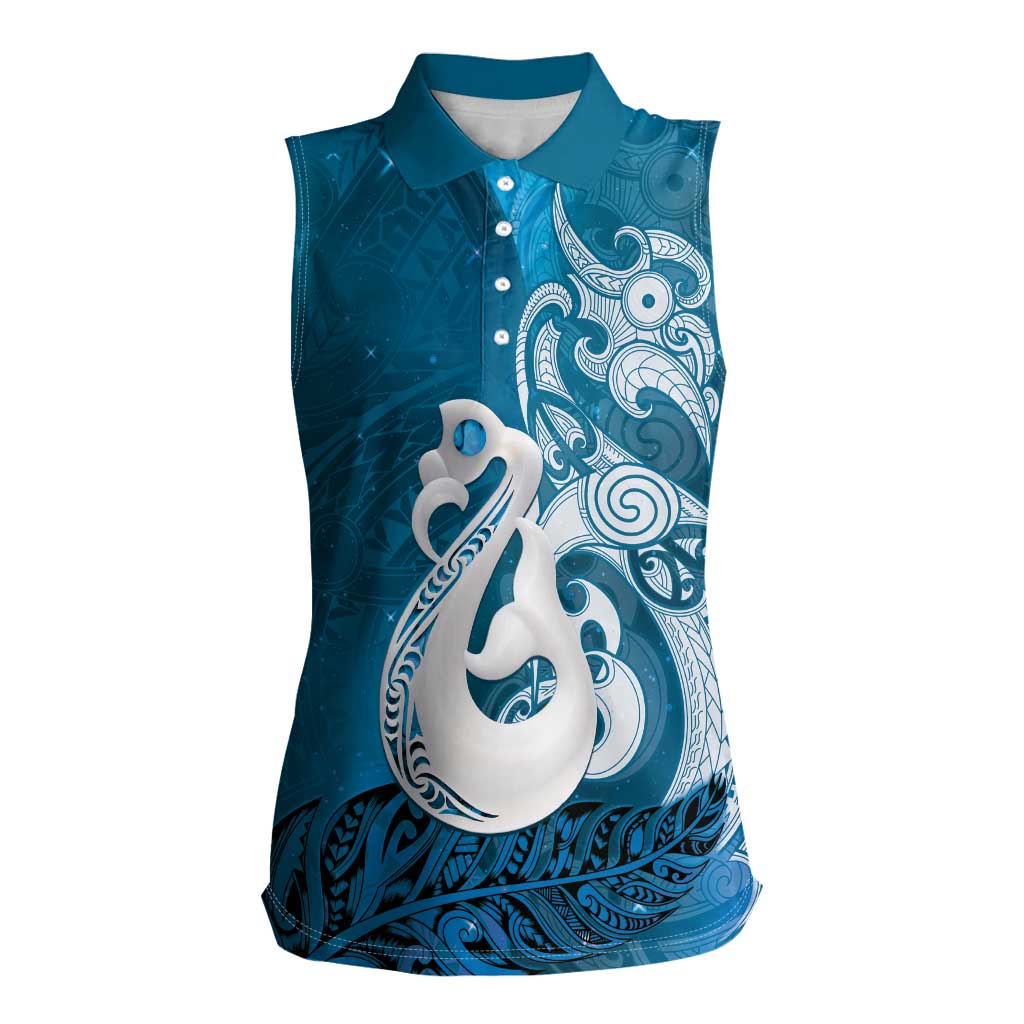 New Zealand Matariki Women Sleeveless Polo Shirt Maori Manaia Galaxy Silver Fern Blue Color