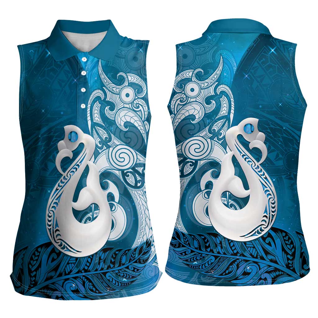New Zealand Matariki Women Sleeveless Polo Shirt Maori Manaia Galaxy Silver Fern Blue Color