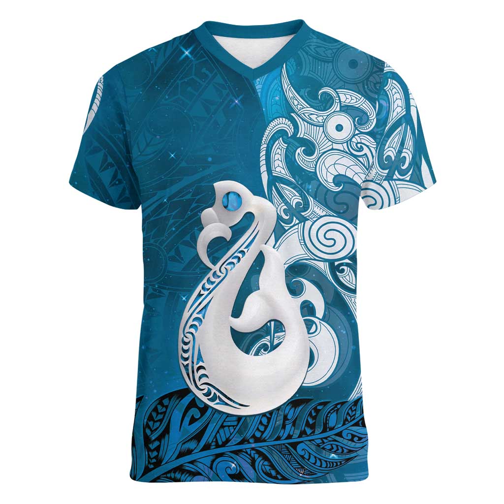 New Zealand Matariki Women V-Neck T-Shirt Maori Manaia Galaxy Silver Fern Blue Color