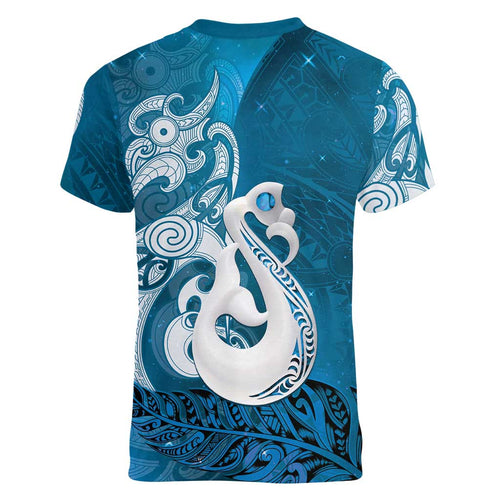 New Zealand Matariki Women V-Neck T-Shirt Maori Manaia Galaxy Silver Fern Blue Color