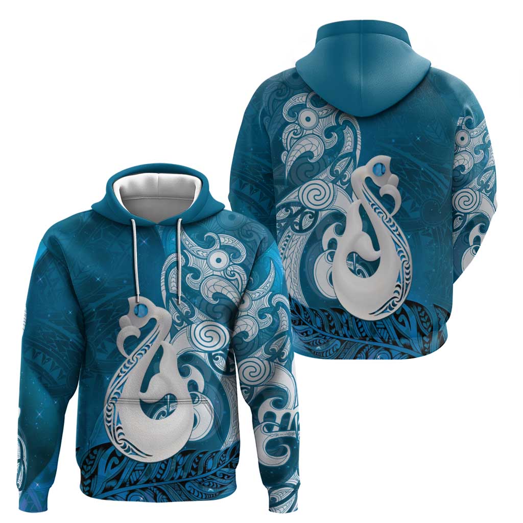 New Zealand Matariki Zip Hoodie Maori Manaia Galaxy Silver Fern Blue Color
