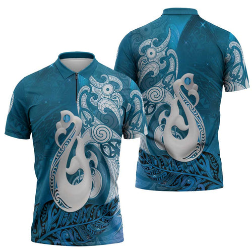 New Zealand Matariki Zipper Polo Shirt Maori Manaia Galaxy Silver Fern Blue Color