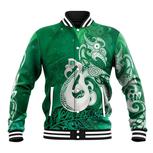 New Zealand Matariki Baseball Jacket Maori Manaia Galaxy Silver Fern Green Color