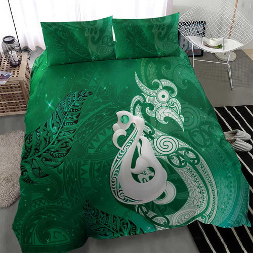 New Zealand Matariki Bedding Set Maori Manaia Galaxy Silver Fern Green Color