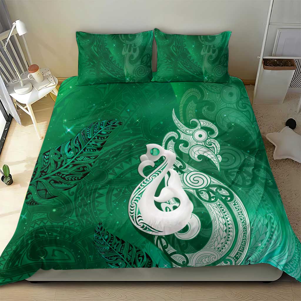 New Zealand Matariki Bedding Set Maori Manaia Galaxy Silver Fern Green Color