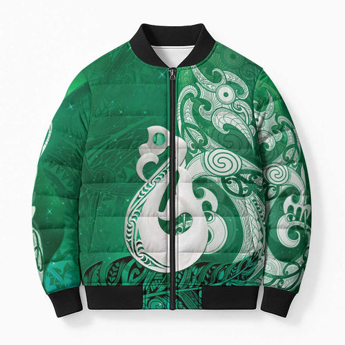 New Zealand Matariki Bomber Puffer Jacket Maori Manaia Galaxy Silver Fern Green Color