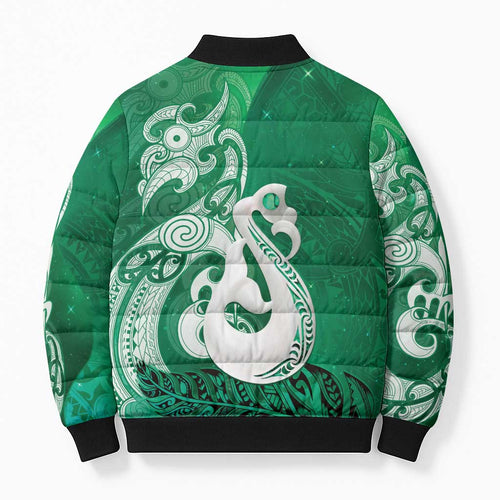 New Zealand Matariki Bomber Puffer Jacket Maori Manaia Galaxy Silver Fern Green Color