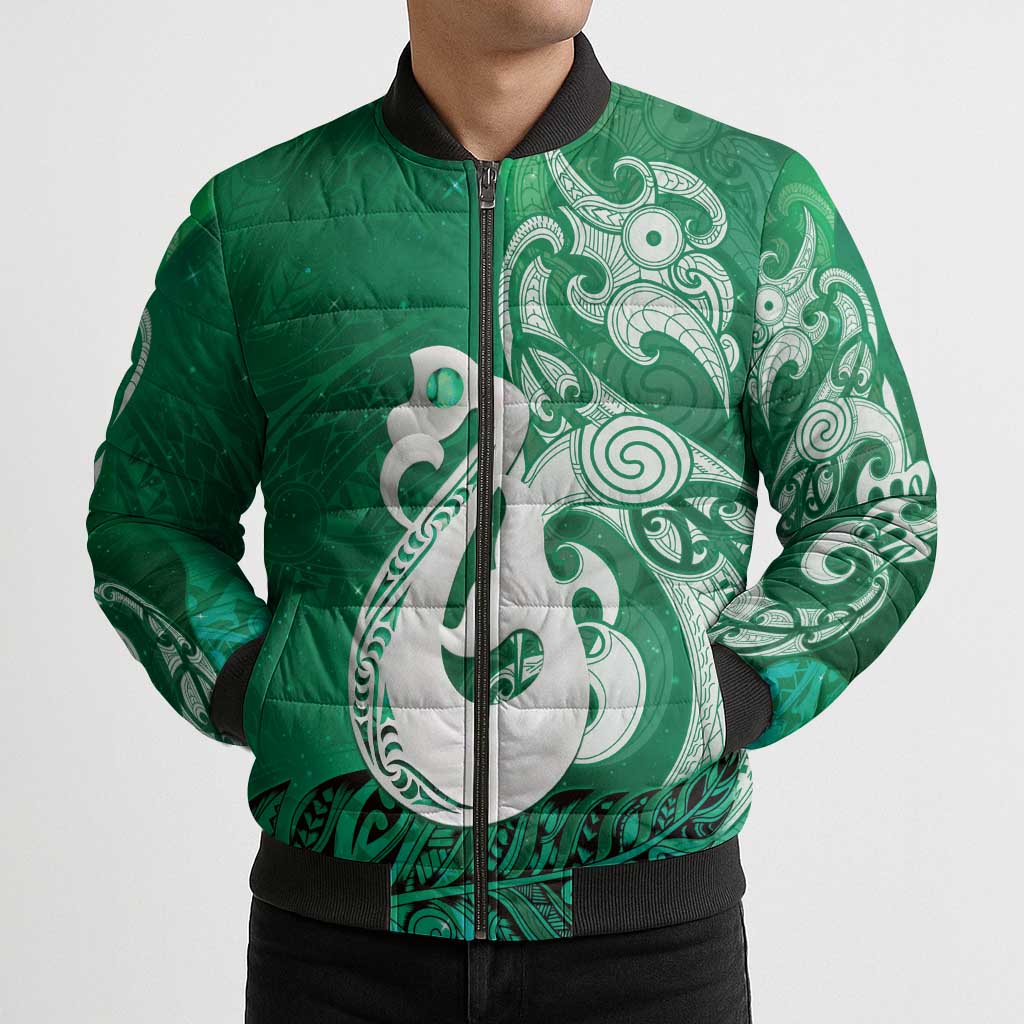 New Zealand Matariki Bomber Puffer Jacket Maori Manaia Galaxy Silver Fern Green Color