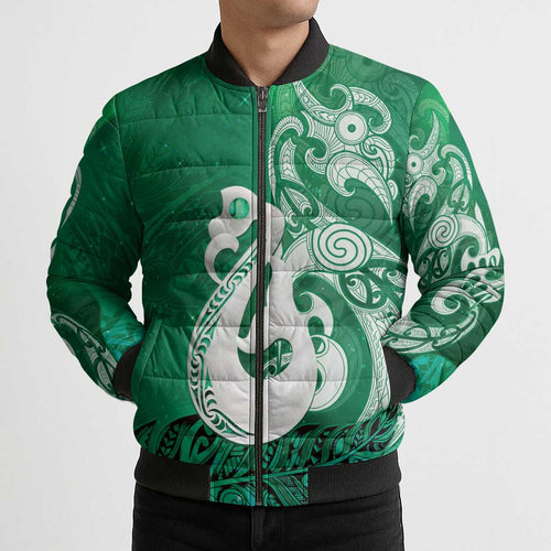 New Zealand Matariki Bomber Puffer Jacket Maori Manaia Galaxy Silver Fern Green Color