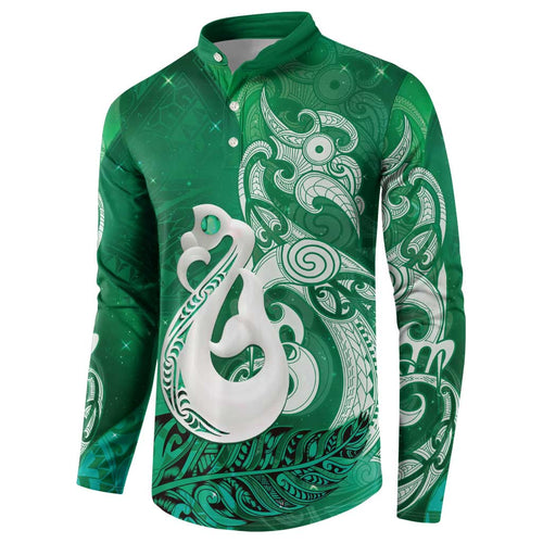 New Zealand Matariki Button Sweatshirt Maori Manaia Galaxy Silver Fern Green Color