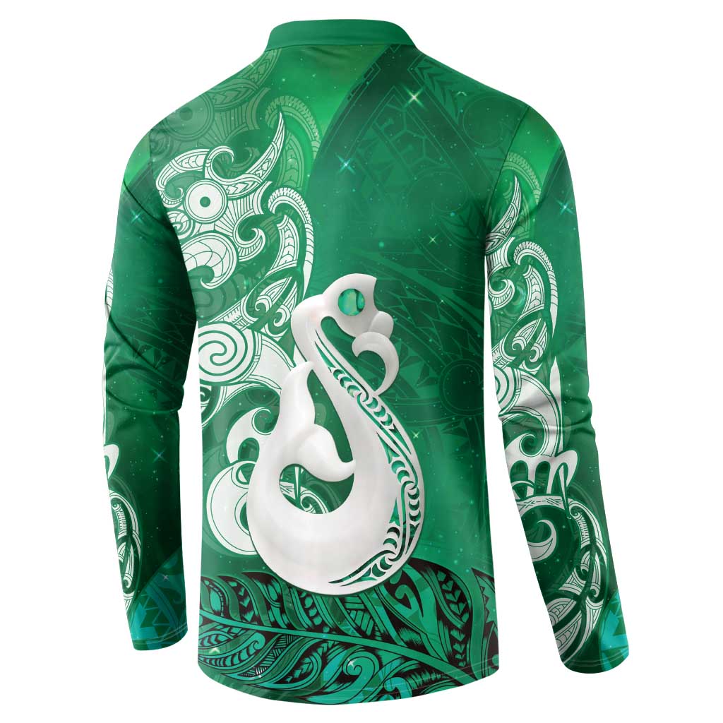 New Zealand Matariki Button Sweatshirt Maori Manaia Galaxy Silver Fern Green Color