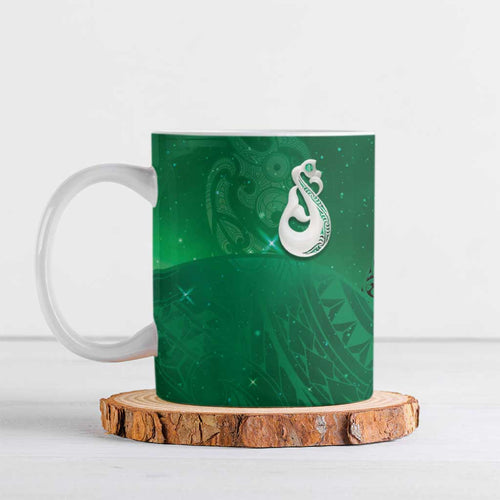 New Zealand Matariki Ceramic Mug Maori Manaia Galaxy Silver Fern Green Color